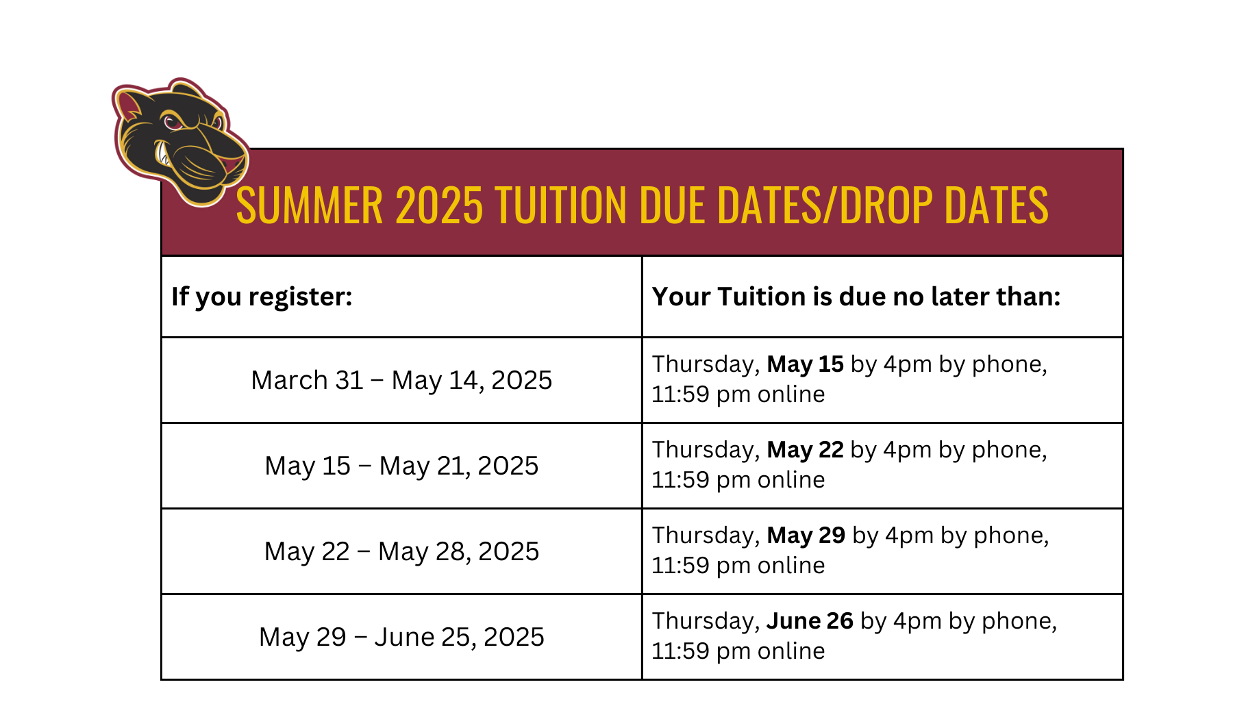 Summer 2025 Tuition Deadline dates