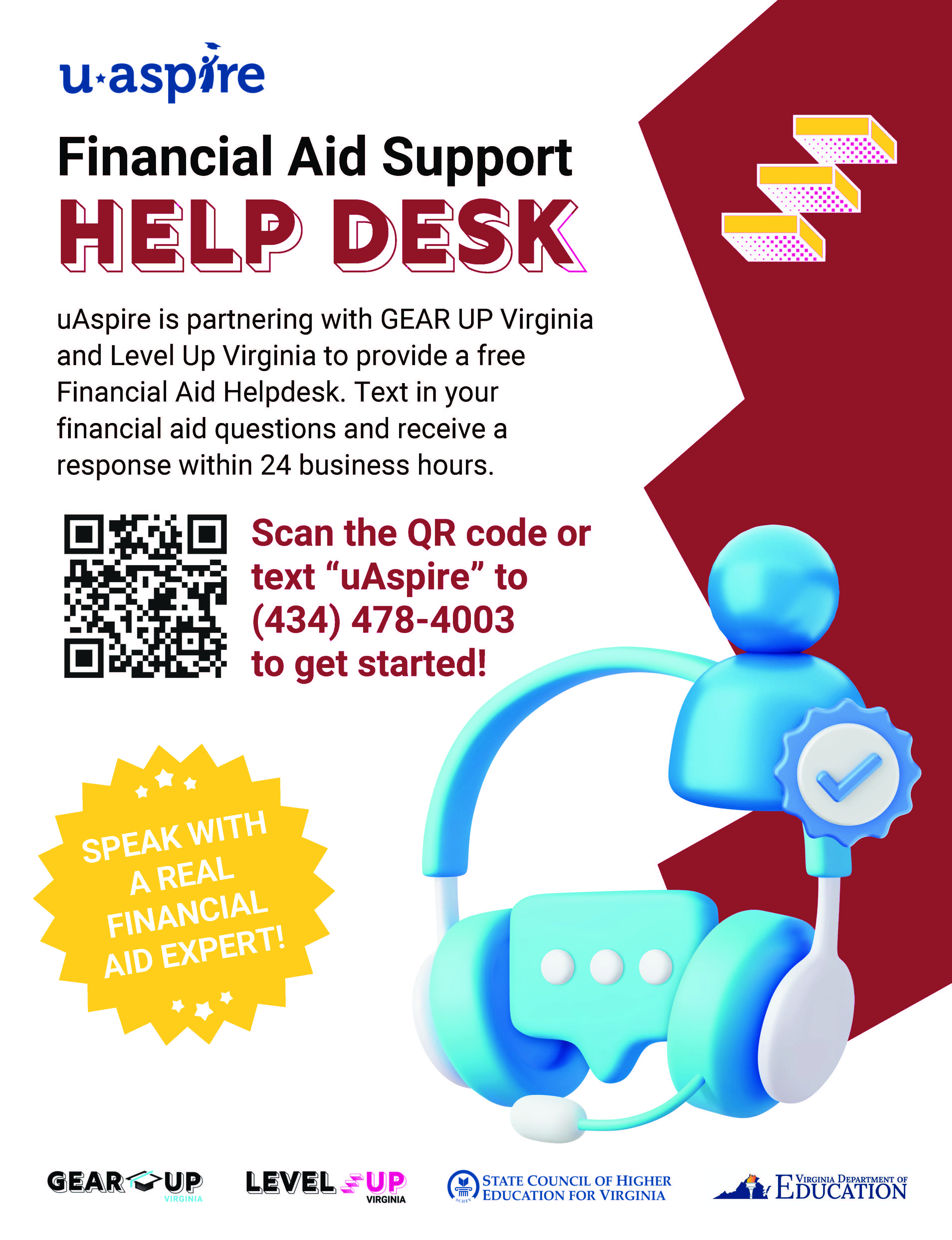 Financial Aid Help Desk text uAspire to 434-478-4003
