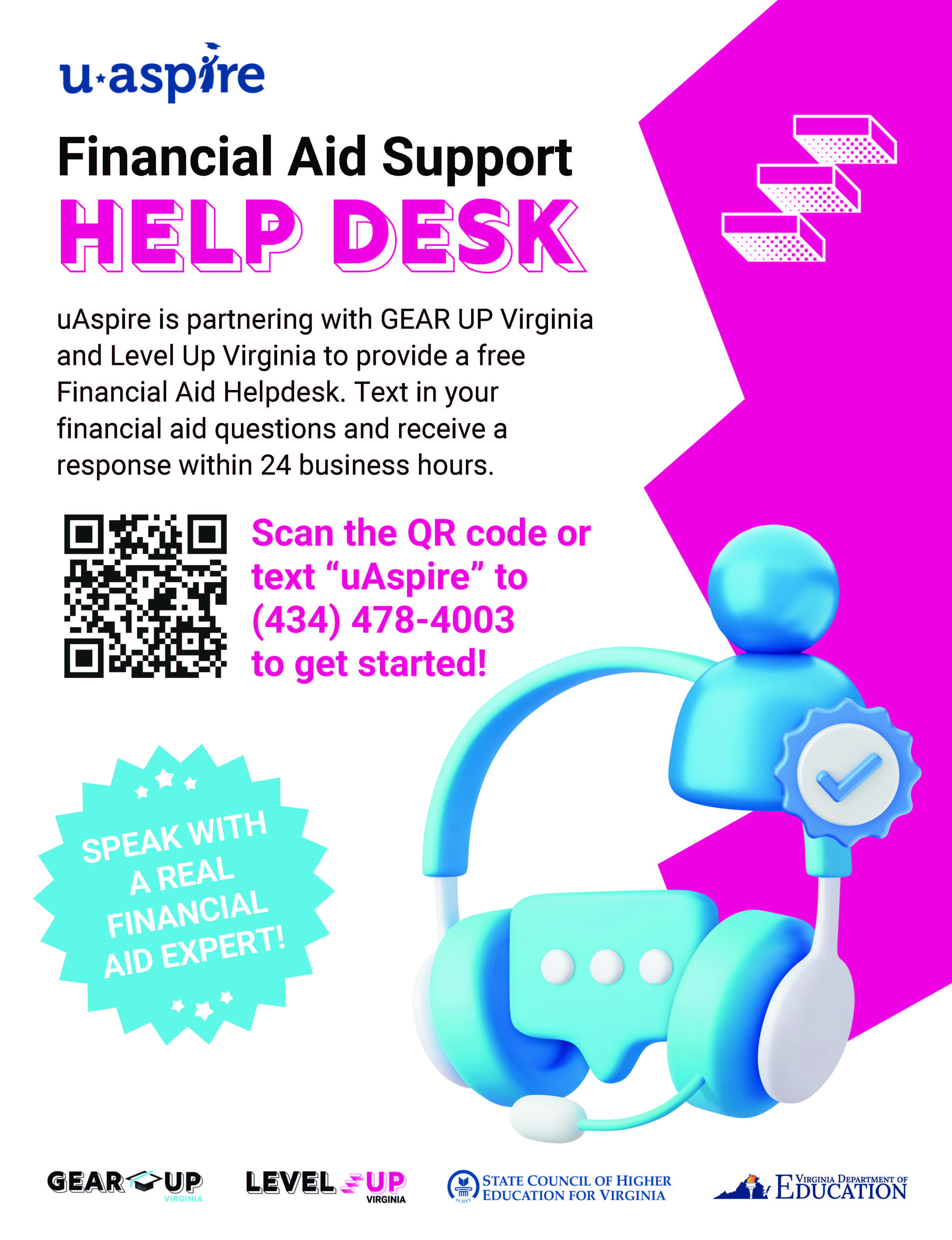 Financial Aid Help Desk text "uAspire" to 434-478-4003