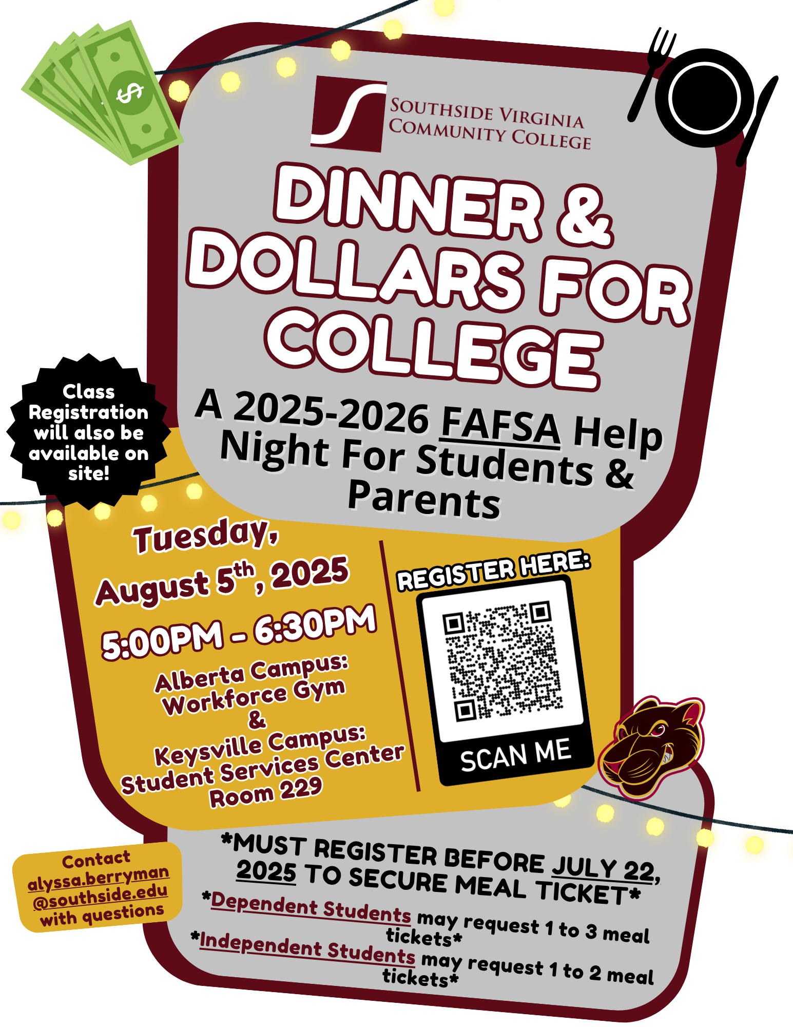 Flyer for Dinner & Dollars for College event on August 5, 2025 at 5pm on both campuses