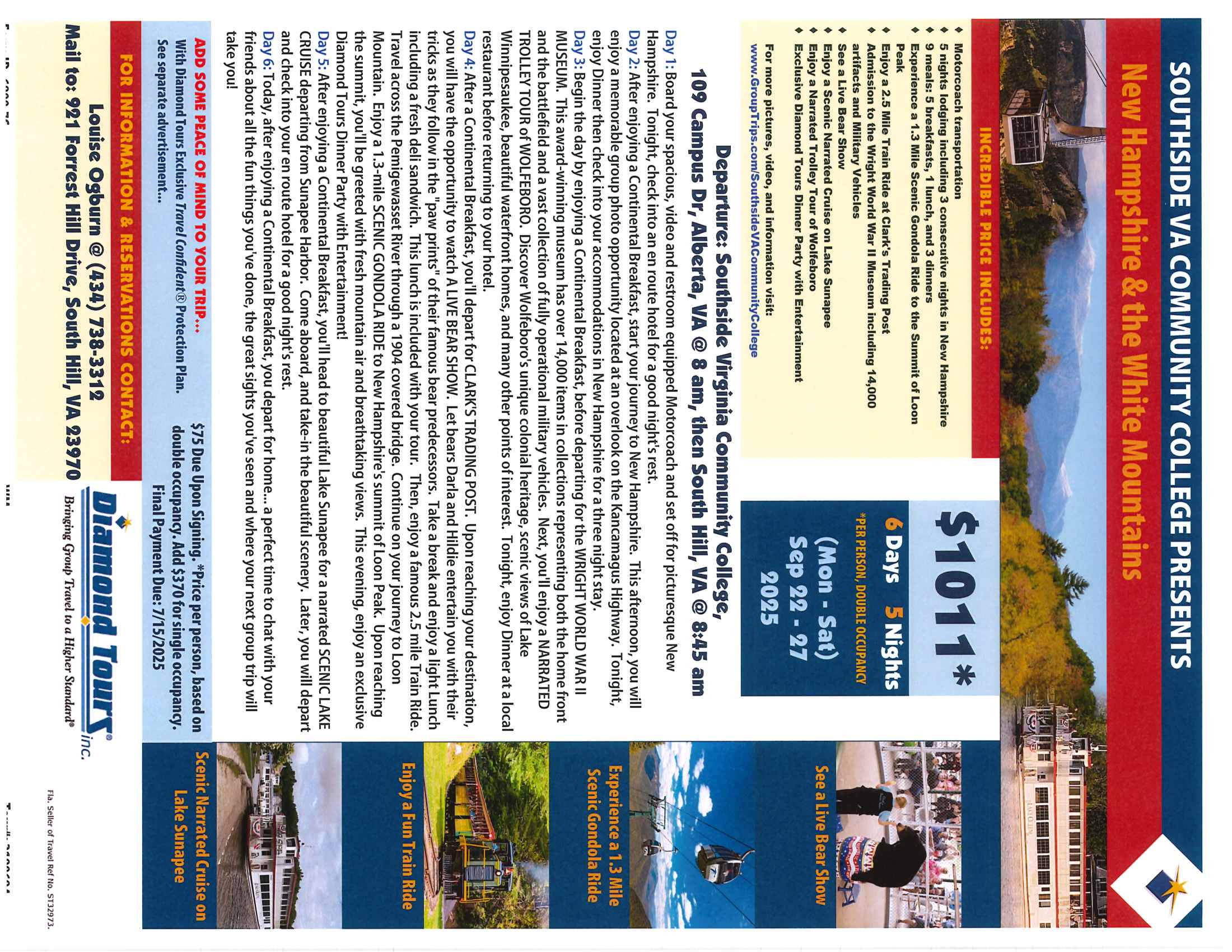 SVCC detailed flyer for New Hampshire trip September 22-27, 2025