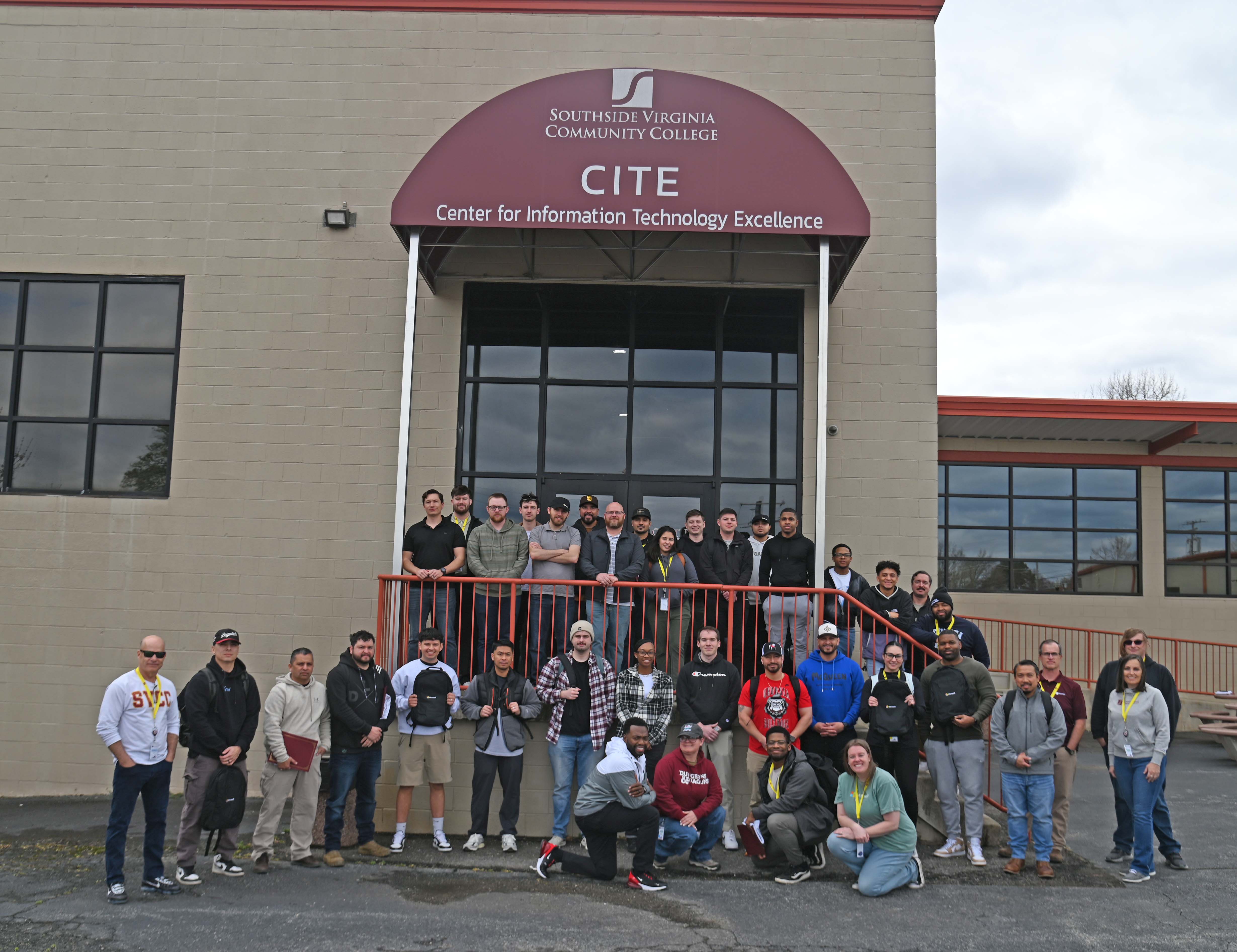 Group of military students posed in front of the SVCC CITE Workforce building
