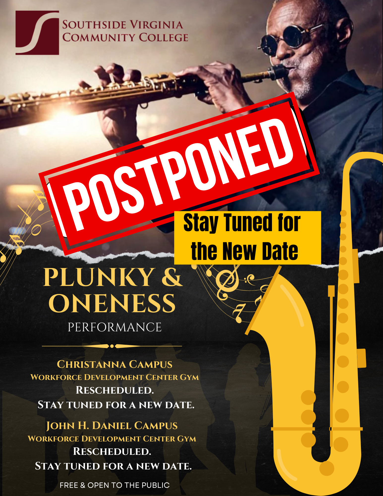 Plunky & Oneness jazz performance flyer Postponed date