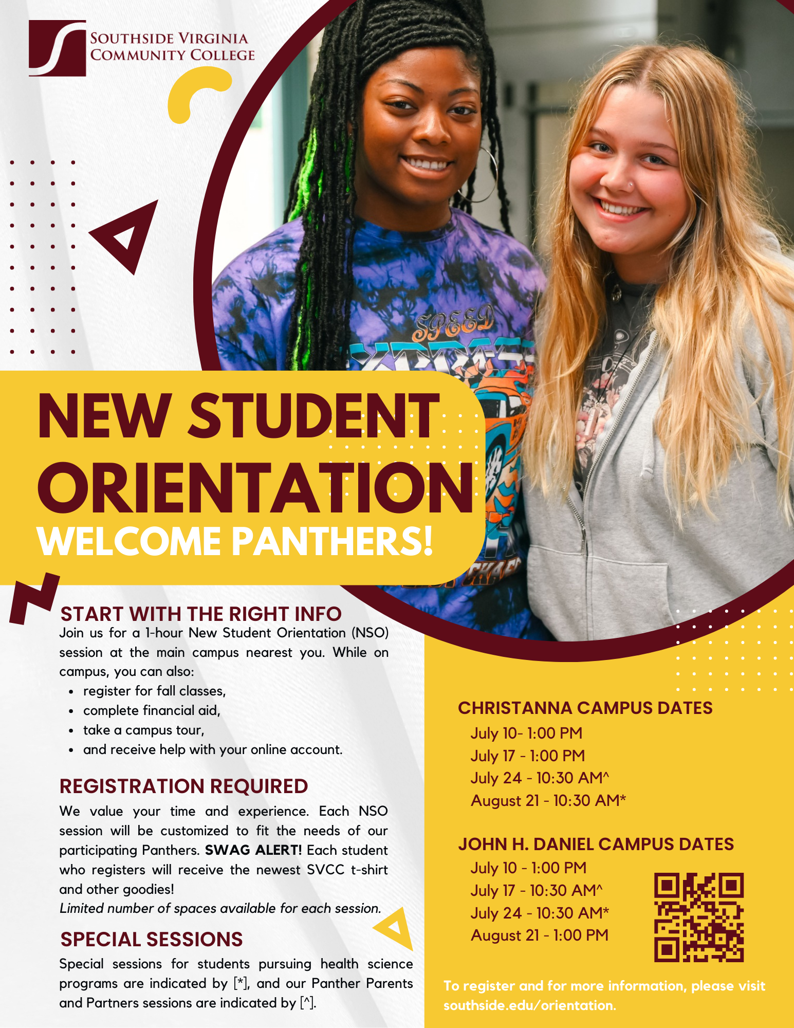 Flyer for Fall 2025 new student orientation sessions on multiple dates