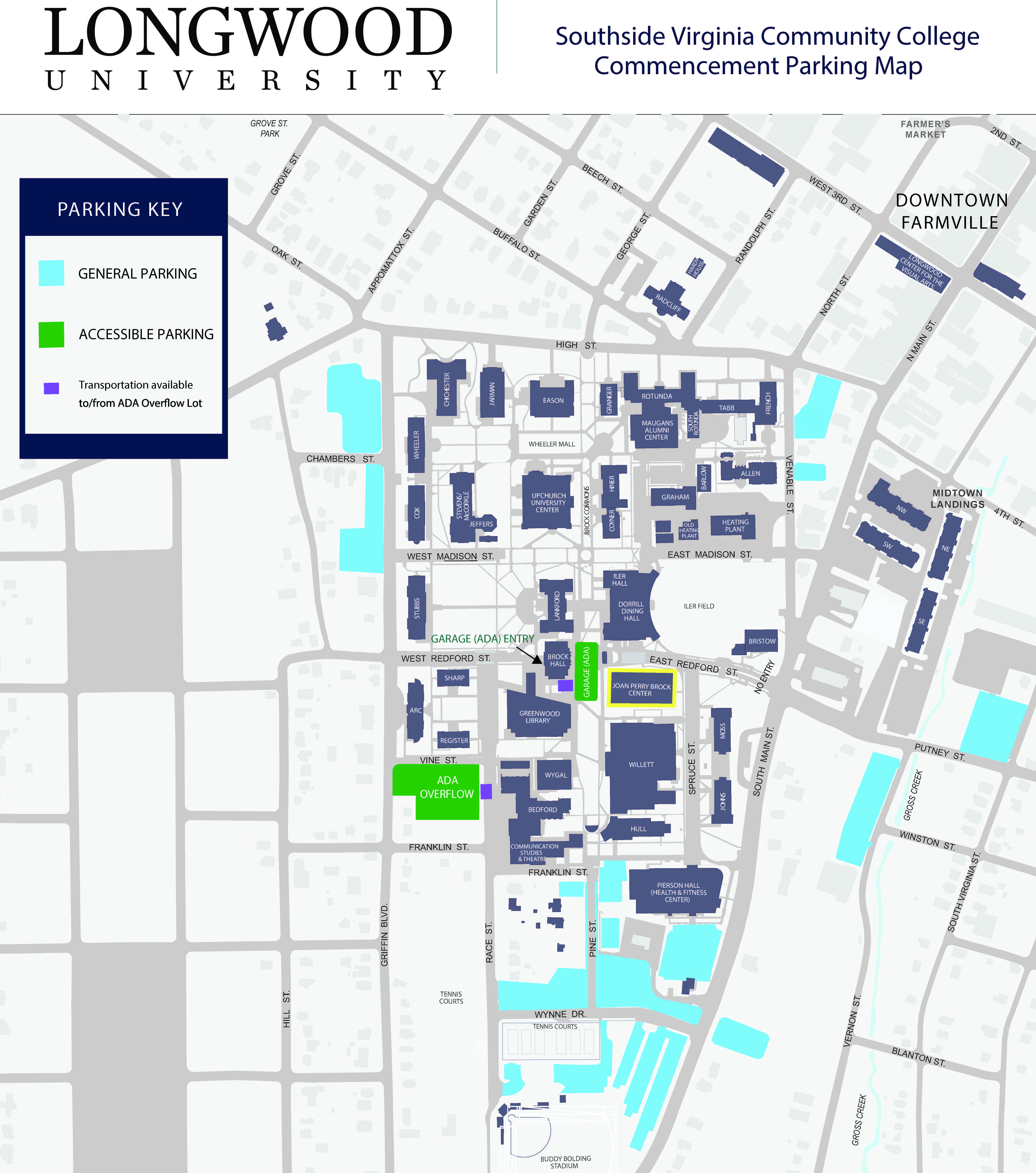 Longwood campus map highlighting Brock Center and parking areas 