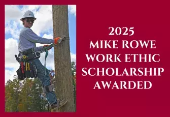 Power Line student climbing a power pole with caption 2025  Mike Rowe Work Ethic Scholarship Awarded