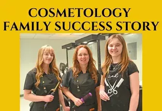 three women posing in a salon with Cosmetology tools