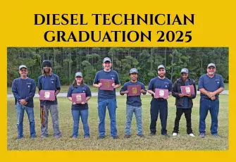 6 Diesel graduates with certificates with 2 instructors, Header says Diesel Technician Graduation 2025