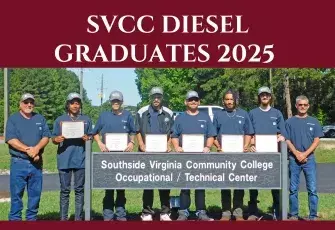 6 Diesel program graduates and 2 instructors standing outside by the Southside VA CC OTC sign