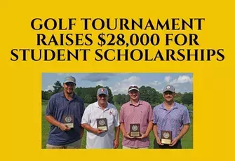 Golf tournament raises $ for Student Scholarships and image of the winning team posing holding trophies