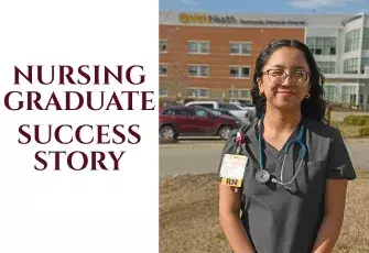 Nursing graduate Ruby Trejo-Misner standing outside in front of the VCU Healthcenter