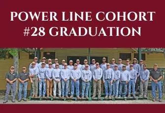 2 rows of Powerline graduates posed with instructors outside in front of a building