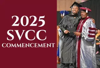 text saying 2025 SVCC Commencement and a photo of a student in graduation regalia receiving diploma from Dr. Johnson on stage